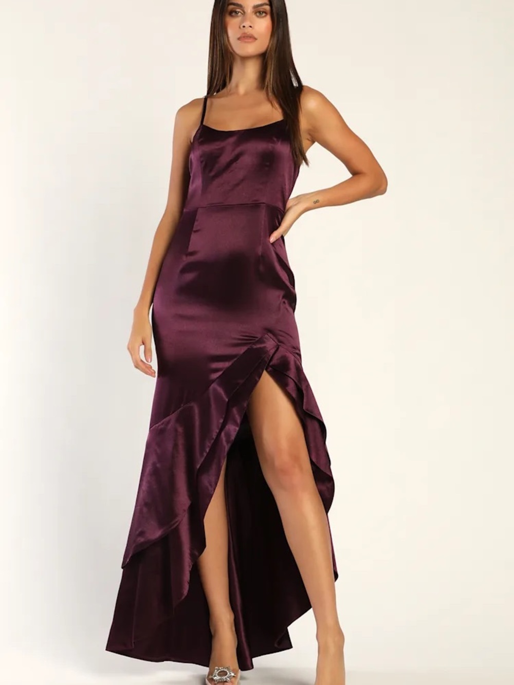 Lulu's Deep Plum Satin High-Low Slip Dress with Ruffle Slit